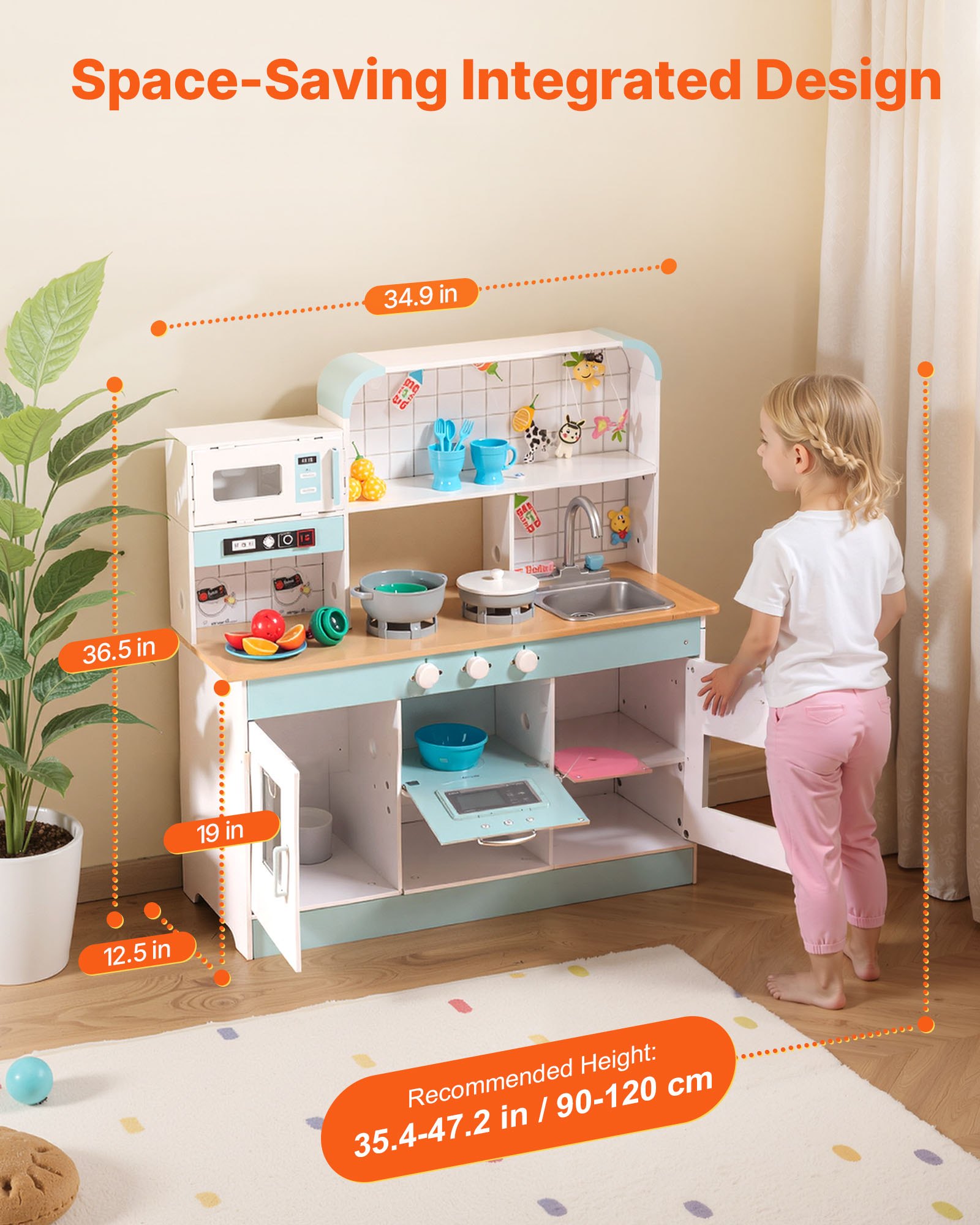 VEVOR Play Kitchen for Kids, Wooden Toy Kitchen Set with Lights and Sounds, Toddler Kitchen with Ice Maker, Oven, Sink, Microwaves, Fridge and Utensil and Fruit Accessory for Toddlers, White
