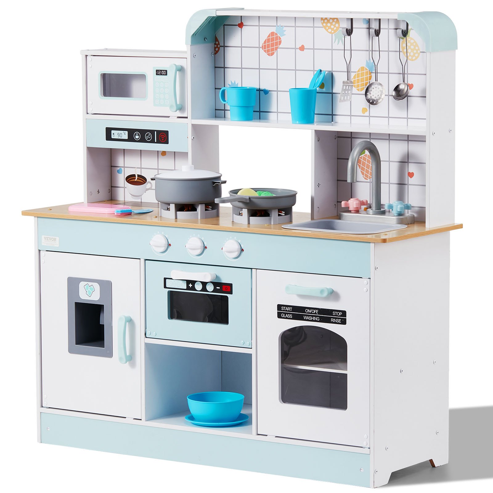 VEVOR Play Kitchen for Kids, Wooden Toy Kitchen Set with Lights and Sounds, Toddler Kitchen with Ice Maker, Oven, Sink, Microwaves, Fridge and Utensil and Fruit Accessory for Toddlers, White