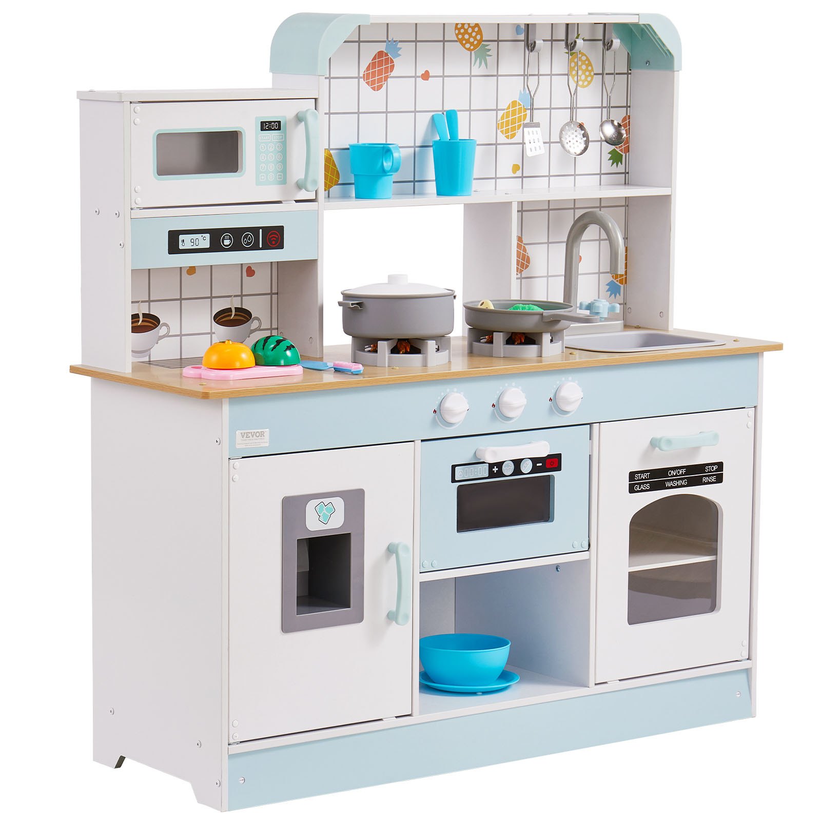 VEVOR Play Kitchen for Kids, Wooden Toy Kitchen Set with Lights and Sounds, Toddler Kitchen with Ice Maker, Oven, Sink, Microwaves, Fridge and Utensil and Fruit Accessory for Toddlers, White