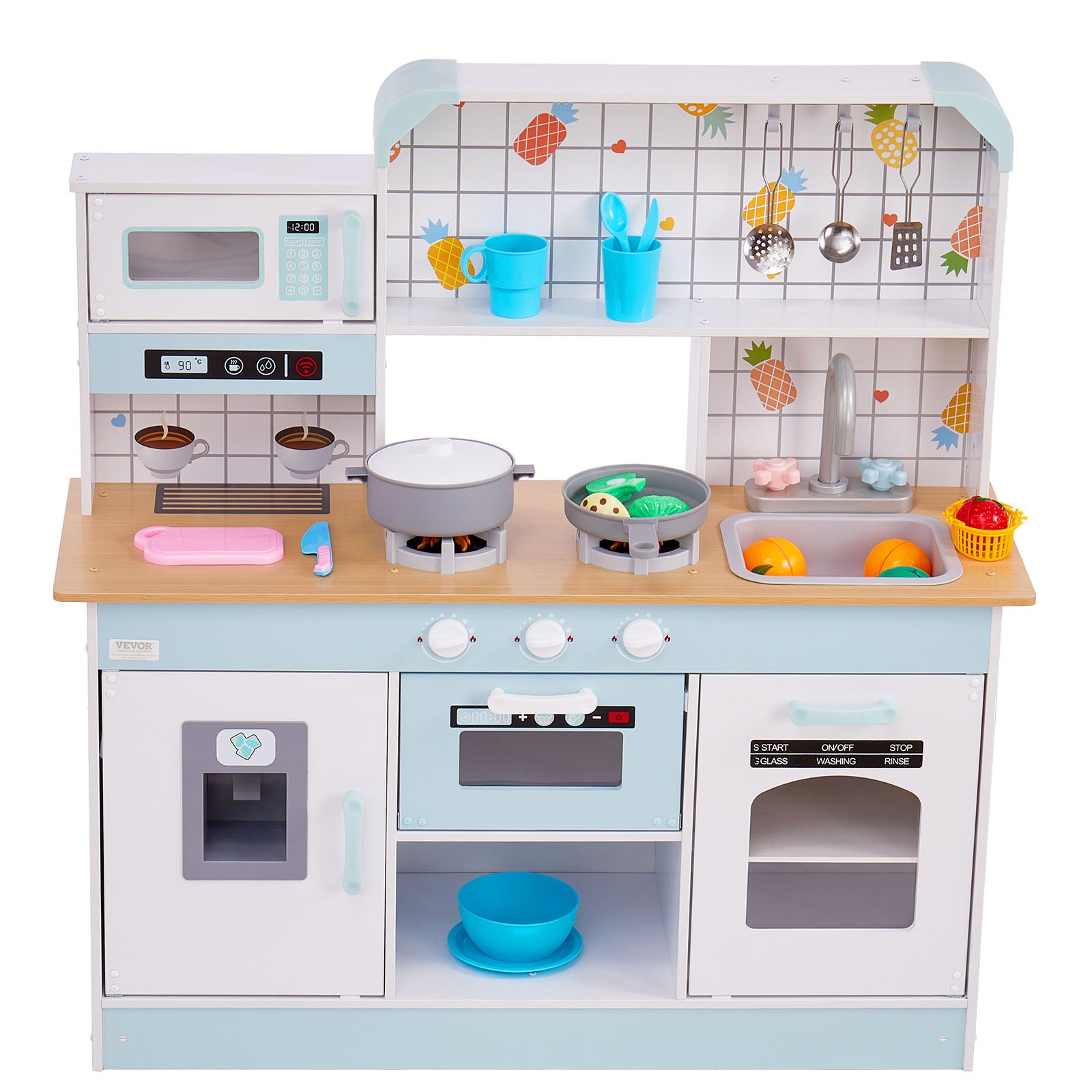 VEVOR Play Kitchen for Kids, Wooden Toy Kitchen Set with Lights and Sounds, Toddler Kitchen with Ice Maker, Oven, Sink, Microwaves, Fridge and Utensil and Fruit Accessory for Toddlers, White
