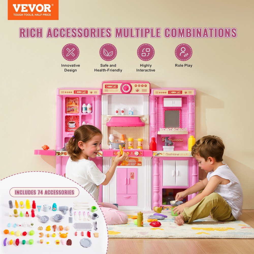 VEVOR Kids Kitchen Playset, 3-in-1 Toddler Kitchen with Simulated Spray, Sounds and Lights, Play Kitchen Set with 74 PCS Cooking Accessory Set for Toddlers, Preschoolers, Children Ages 3-8, Pink