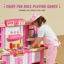 Christmas Gift! VEVOR Kitchen Playset Kids Pretend Cooking Play Toy 74 Piece Accessories Pink