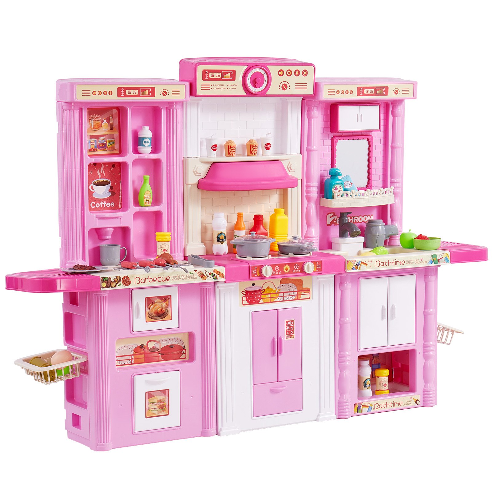 VEVOR Kids Kitchen Playset, 3-in-1 Toddler Kitchen with Simulated Spray, Sounds and Lights, Play Kitchen Set with 74 PCS Cooking Accessory Set for Toddlers, Preschoolers, Children Ages 3-8, Pink