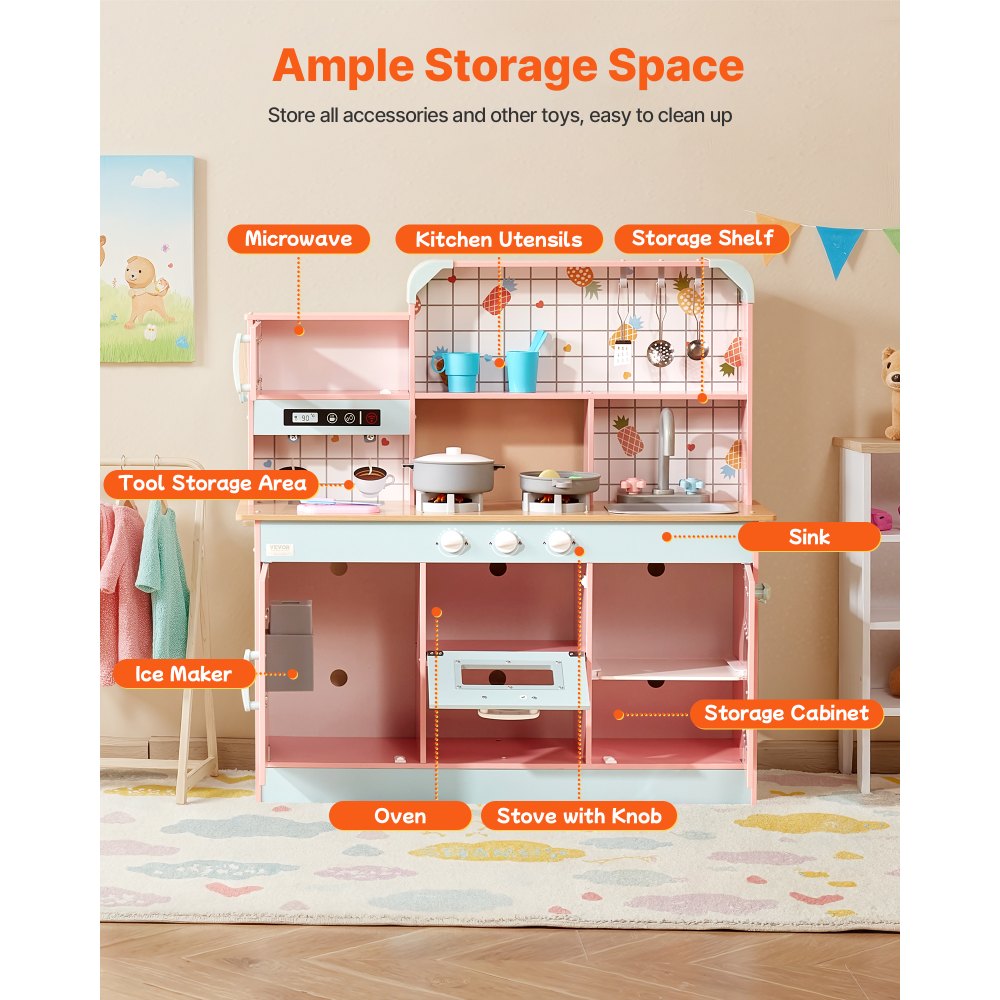 VEVOR Play Kitchen for Kids, Wooden Toy Kitchen Set with Lights and Sounds, Toddler Kitchen with Ice Maker, Oven, Sink, Microwaves, Fridge and Utensil and Fruit Accessory for Toddlers, Pink