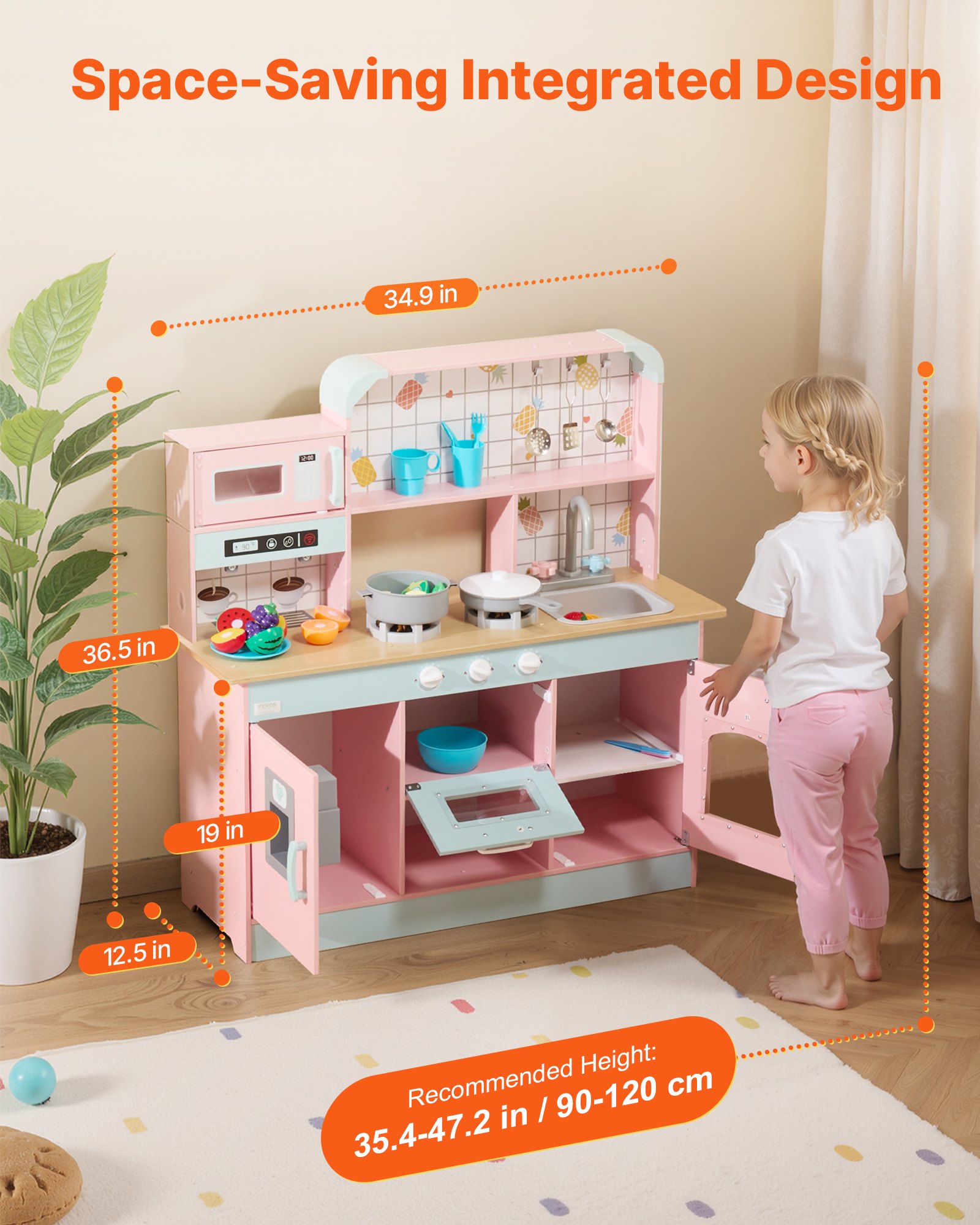 VEVOR Play Kitchen for Kids, Wooden Toy Kitchen Set with Lights and Sounds, Toddler Kitchen with Ice Maker, Oven, Sink, Microwaves, Fridge and Utensil and Fruit Accessory for Toddlers, Pink