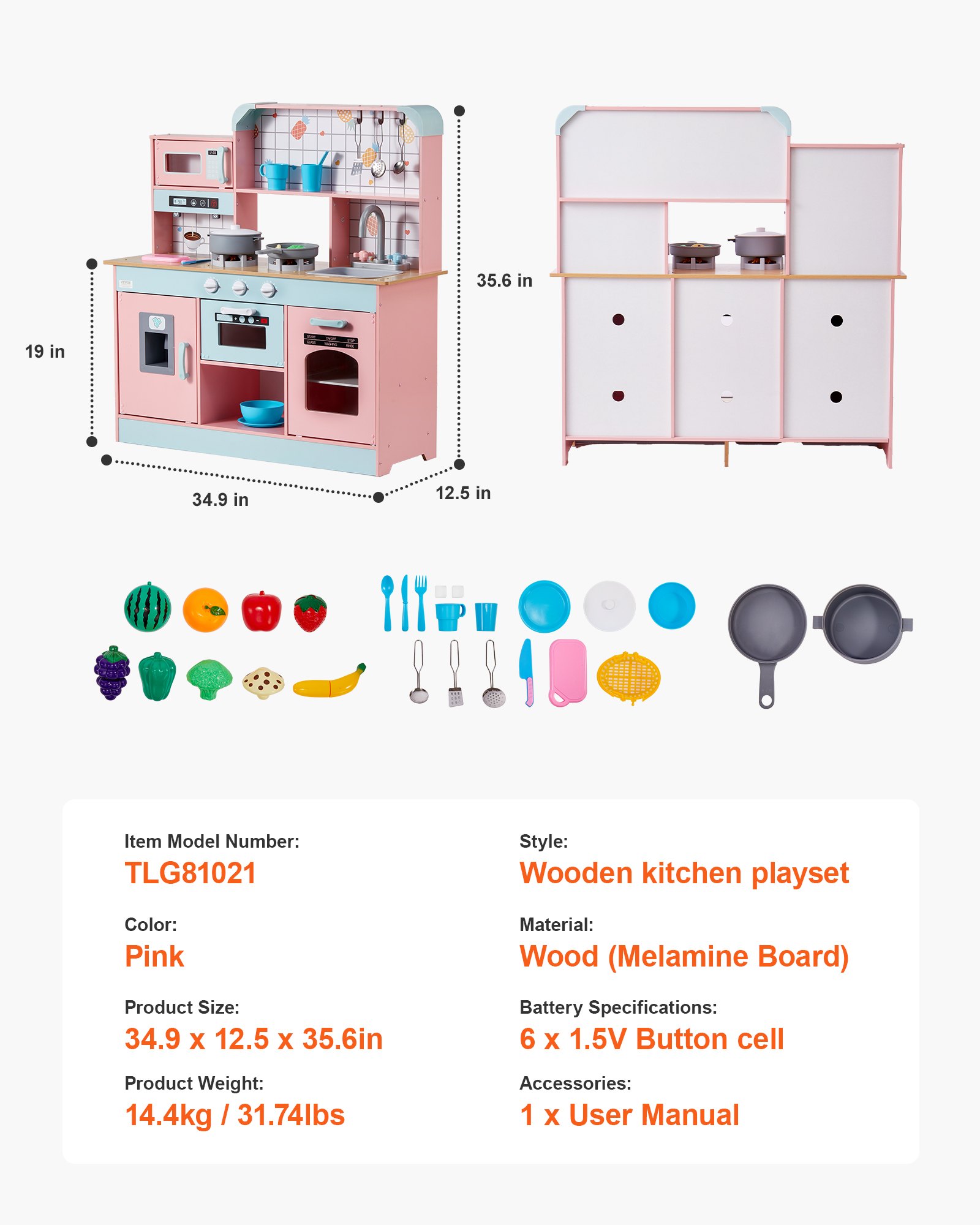 VEVOR Play Kitchen for Kids, Wooden Toy Kitchen Set with Lights and Sounds, Toddler Kitchen with Ice Maker, Oven, Sink, Microwaves, Fridge and Utensil and Fruit Accessory for Toddlers, Pink