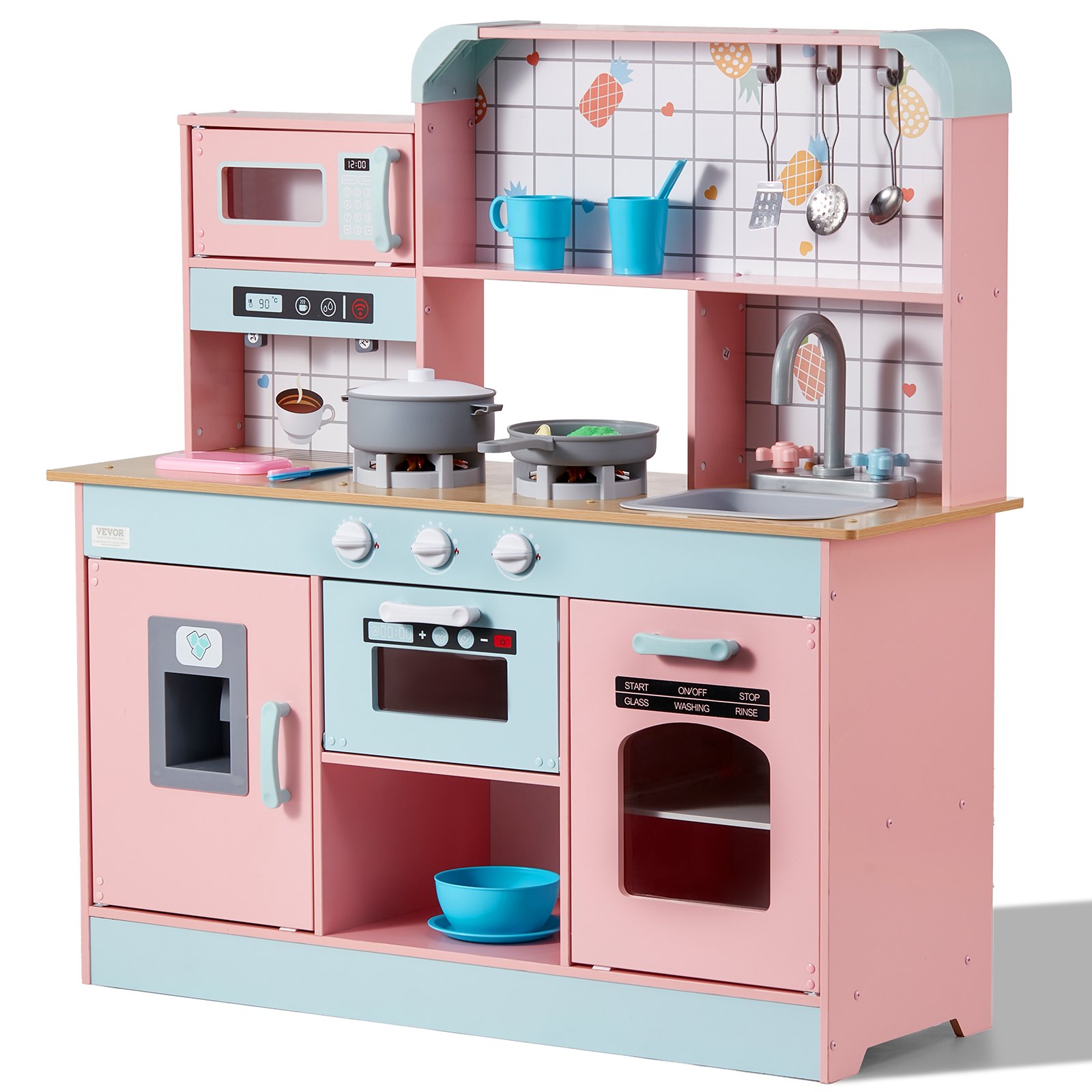 VEVOR Play Kitchen for Kids, Wooden Toy Kitchen Set with Lights and Sounds, Toddler Kitchen with Ice Maker, Oven, Sink, Microwaves, Fridge and Utensil and Fruit Accessory for Toddlers, Pink