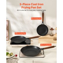 3 Piece Cast Iron Skillet Frying Pan Set 8 10 12 in Pre-Seasoned Nonstick Black