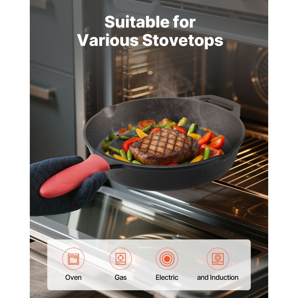 VEVOR Cast Iron Skillet, 4 Pcs Frying Pan Set (155, 205, 260, 305 mm), Skillets with Heat-Resistant Silicone Handle, Pre-Seasoned Chef's Pan, Kitchen Cookware, Oven, Gas, Electrical, Induction, Black