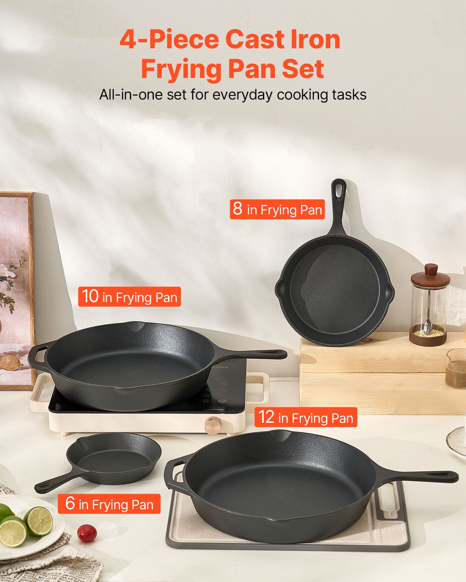 VEVOR Cast Iron Skillet, 4 Pcs Frying Pan Set (155, 205, 260, 305 mm), Skillets with Heat-Resistant Silicone Handle, Pre-Seasoned Chef's Pan, Kitchen Cookware, Oven, Gas, Electrical, Induction, Black
