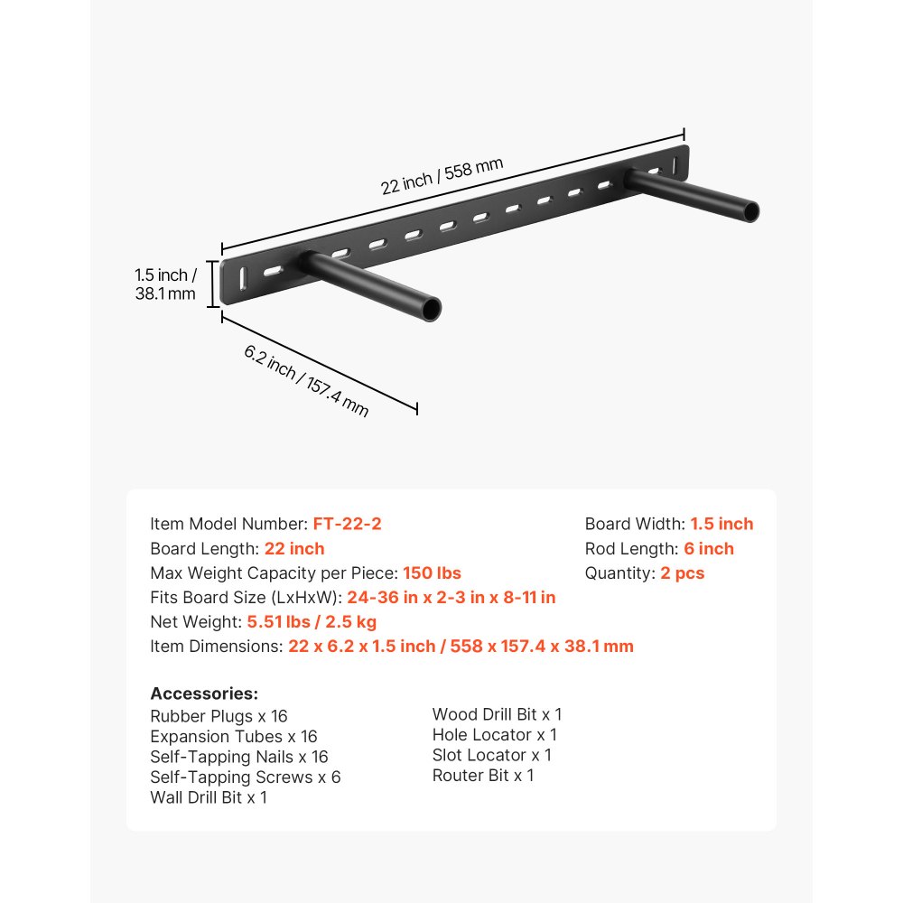 VEVOR Floating Shelf Brackets 2 Pcs, 150 lbs/68 kg Weight Capacity, 22x6.2x1.5 inch / 558.4x157.4x38.1 mm, Heavy Duty Hidden Shelf Brackets Support, Wall Mounting Invisible Floating Shelves Bracket