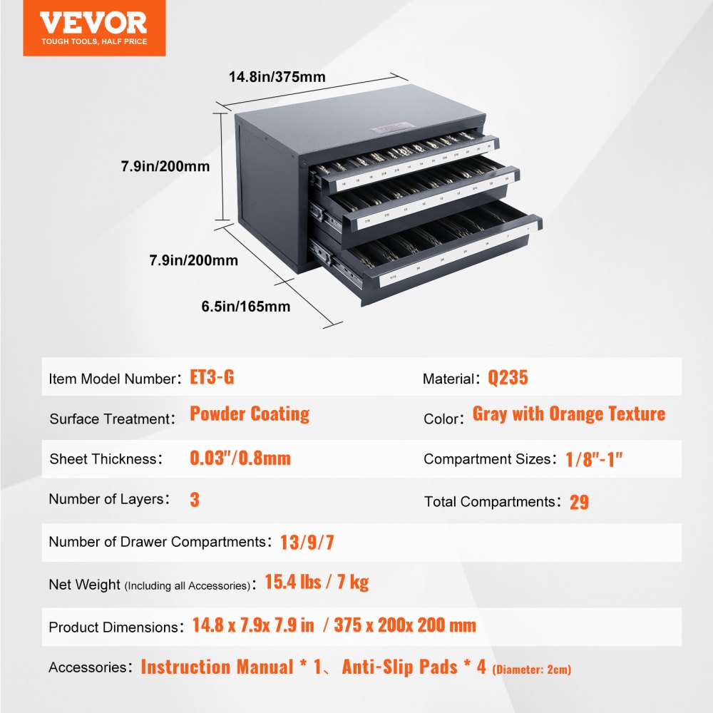 VEVOR end mill dispenser cabinet with powder coating, 3 layers, and 29 compartments, 14.8 x 7.9 x 7.9 in.