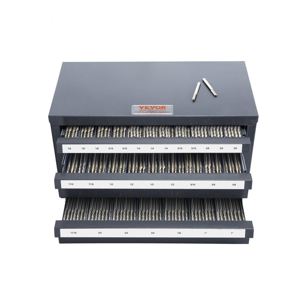 VEVOR end mill dispenser cabinet with labeled drawers and multiple end mills displayed on top.
