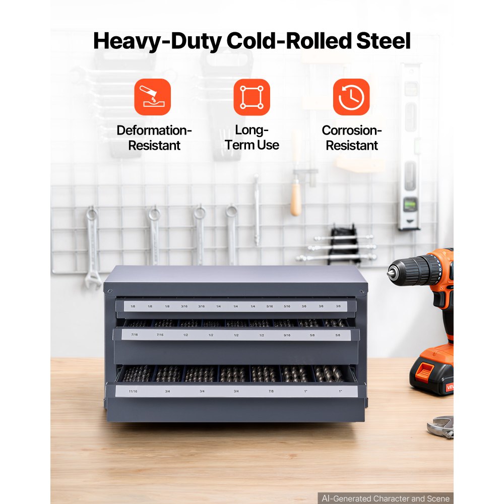 VEVOR End Mill Dispenser Cabinet, Three-Drawer End Mill Organizer Cabinet for 1/8" to 1", Steel End Mill Dispenser Organizer Cabinet with Labels, 29-Compartment Stackable for End Mill Storage