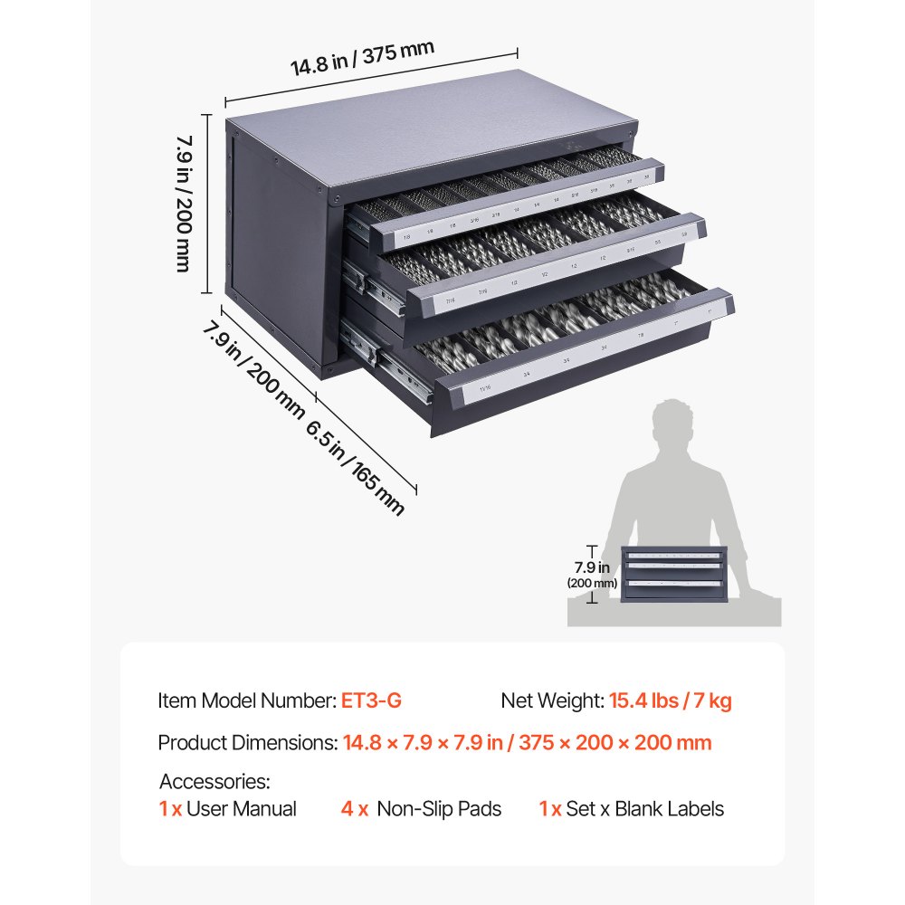 VEVOR End Mill Dispenser Cabinet, Three-Drawer End Mill Organizer Cabinet for 1/8" to 1", Steel End Mill Dispenser Organizer Cabinet with Labels, 29-Compartment Stackable for End Mill Storage