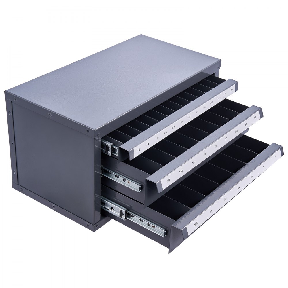 VEVOR End Mill Dispenser Cabinet, Three-Drawer End Mill Organizer Cabinet for 1/8" to 1", Steel End Mill Dispenser Organizer Cabinet with Labels, 29-Compartment Stackable for End Mill Storage