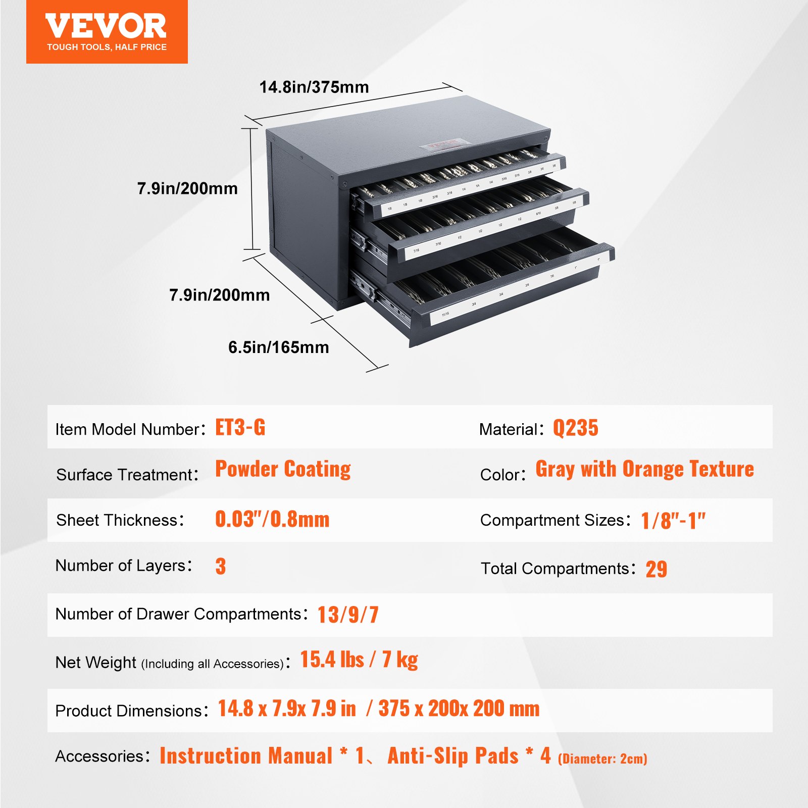 VEVOR end mill dispenser cabinet with powder coating, 3 layers, and 29 compartments, 14.8 x 7.9 x 7.9 in.