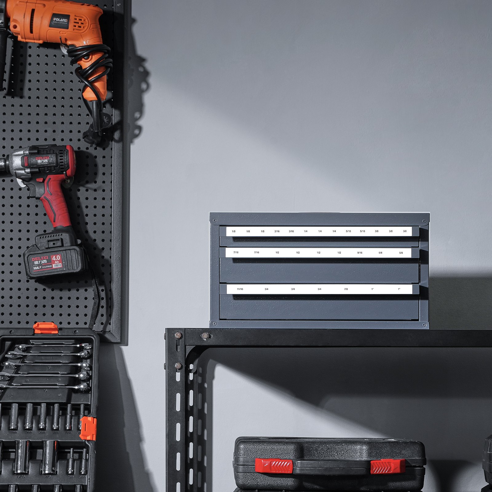 VEVOR end mill dispenser cabinet on a shelf with tools and a drill organized nearby.
