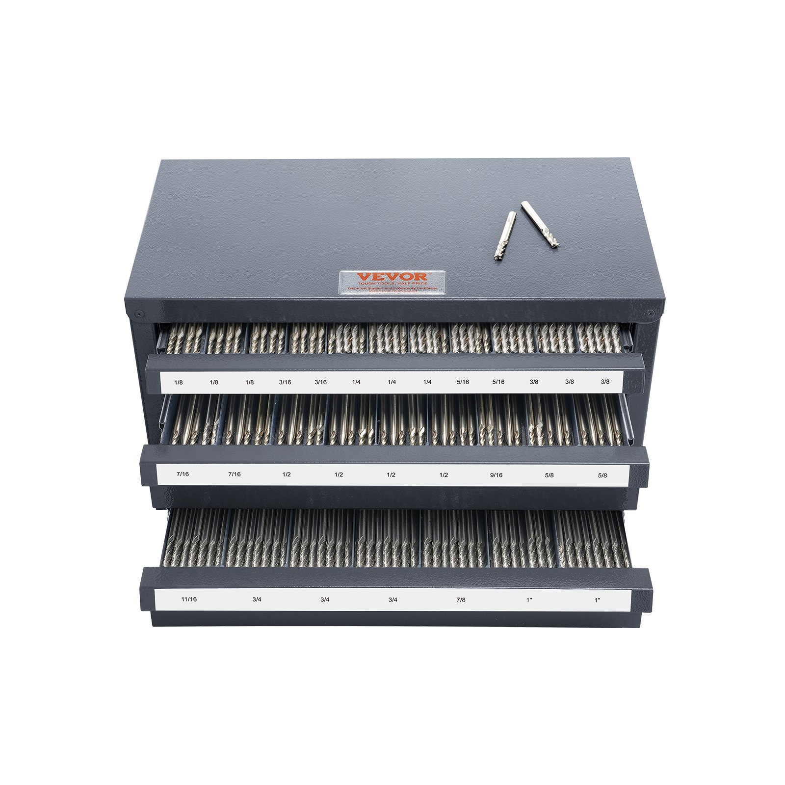 VEVOR end mill dispenser cabinet with labeled drawers and multiple end mills displayed on top.