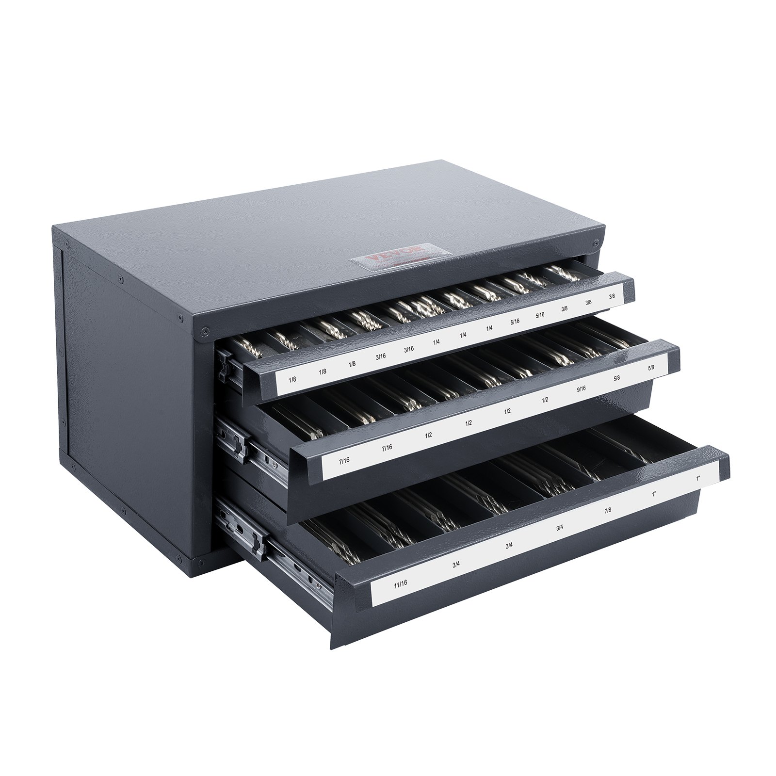 VEVOR end mill dispenser cabinet with open drawers, displaying labeled compartments for organization.