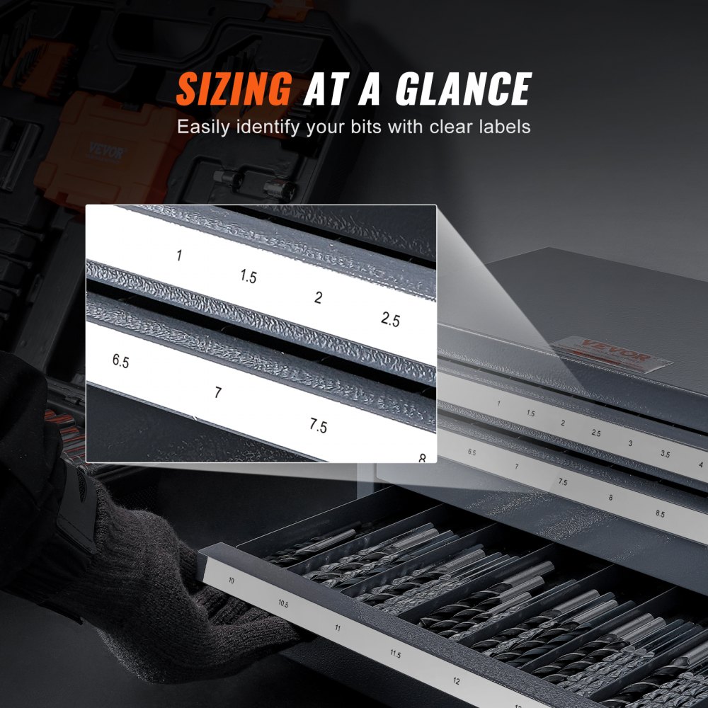 VEVOR drill bit organizer with labeled slots for easy bit identification.