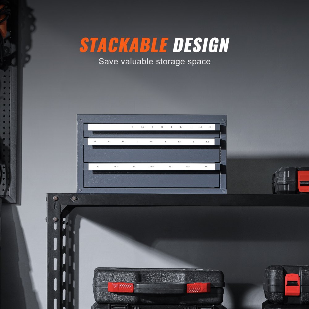stackable VEVOR drill bit organizer on black shelf, labeled drawers, and organized storage cases.