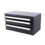 black VEVOR drill bit organizer with three labeled drawers for varying drill bit sizes.