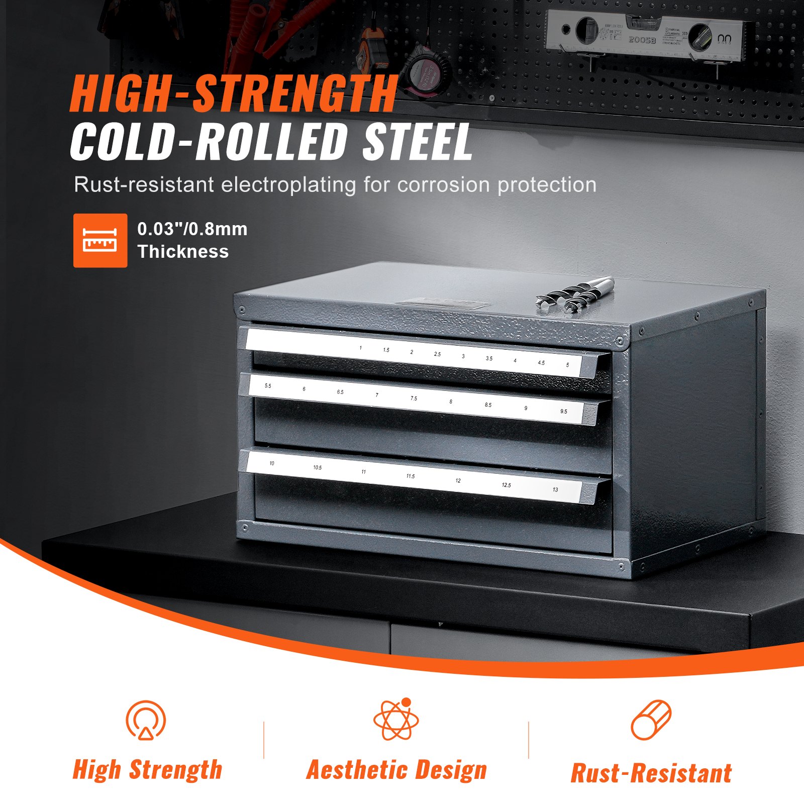 VEVOR drill bit organizer with high-strength cold-rolled steel, rust-resistant, 0.03&quot;/0.8mm thickness.