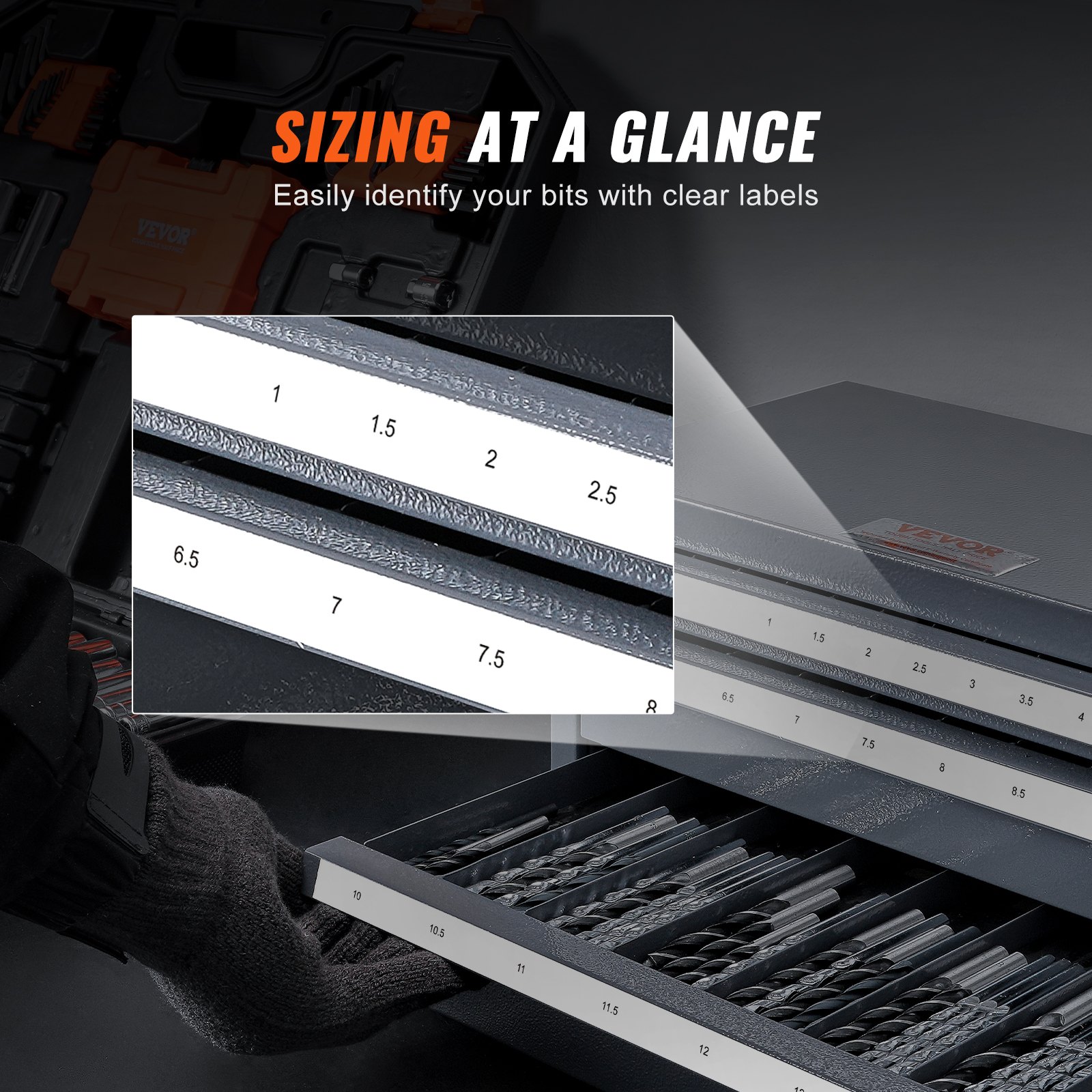 VEVOR drill bit organizer with labeled slots for easy bit identification.