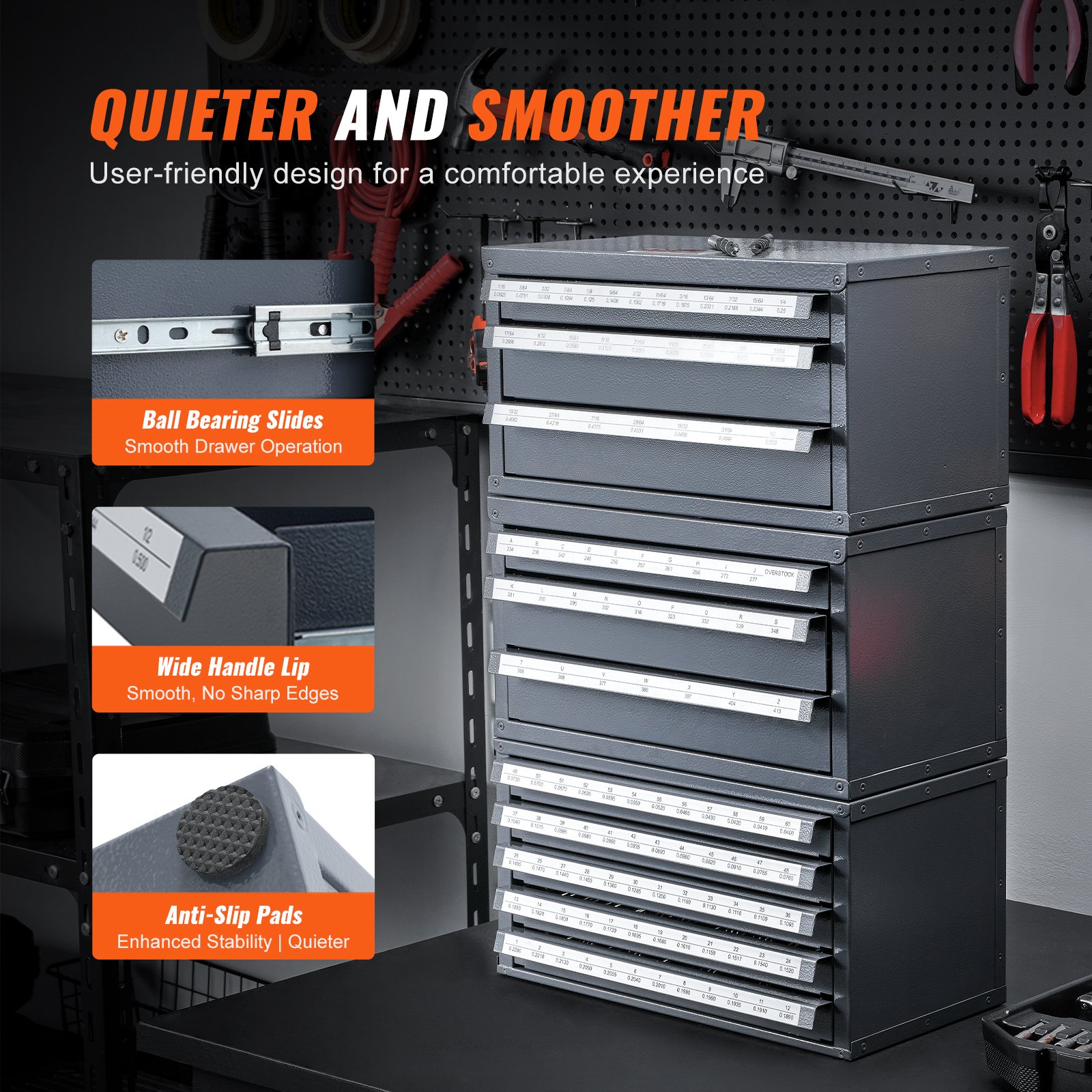 VEVOR drill bit organizer in a workshop with labeled drawers, ball bearing slides, wide handle lip, and anti-slip pads.