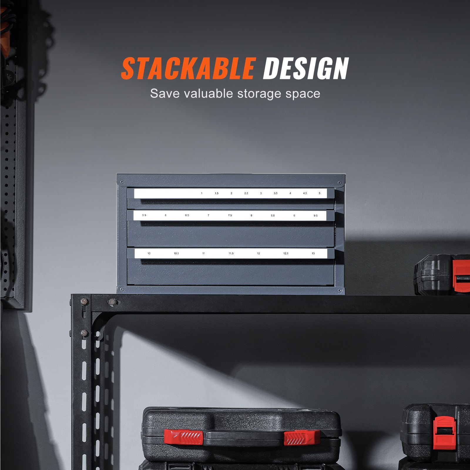 stackable VEVOR drill bit organizer on black shelf, labeled drawers, and organized storage cases.