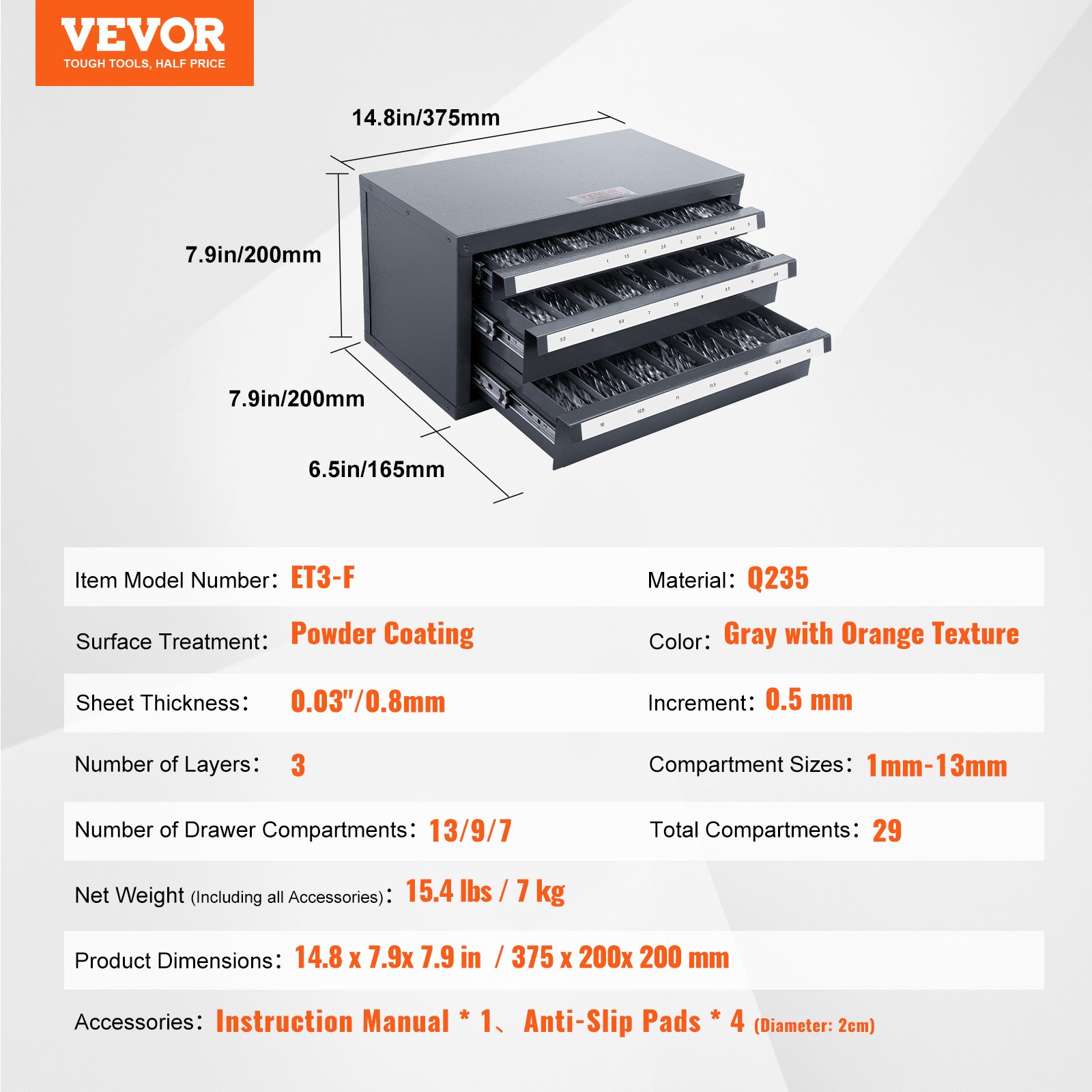 VEVOR drill bit organizer, 3-layer, gray with orange texture, 29 compartments, 14.8 x 7.9 x 7.9 in.