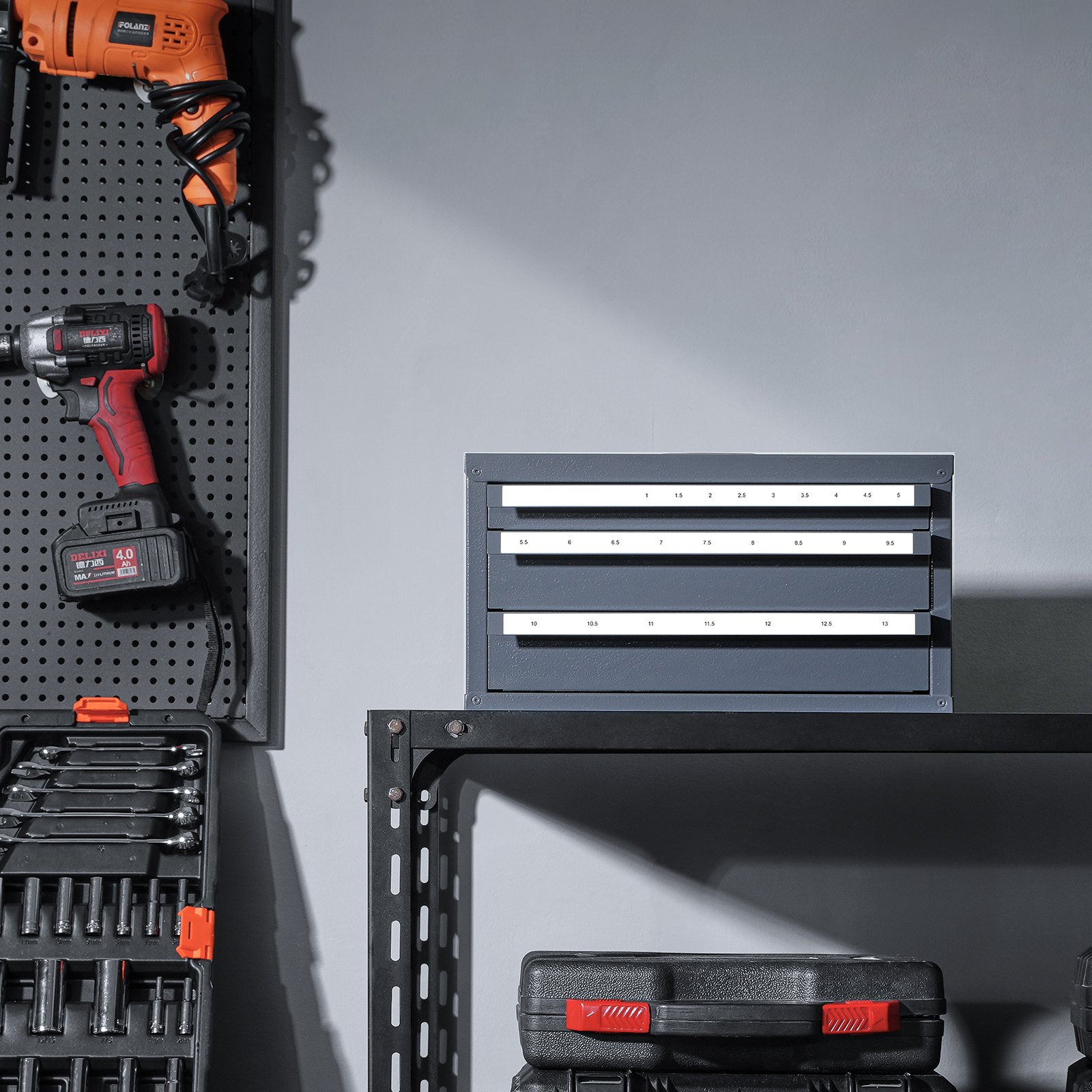 workshop storage solutions featuring VEVOR toolboxes, power tools, and a pegboard wall.