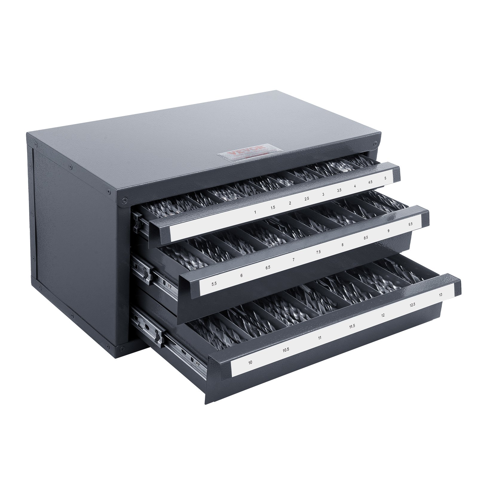 VEVOR drill bit organizer with three labeled drawers and multiple compartments for drill bit storage.