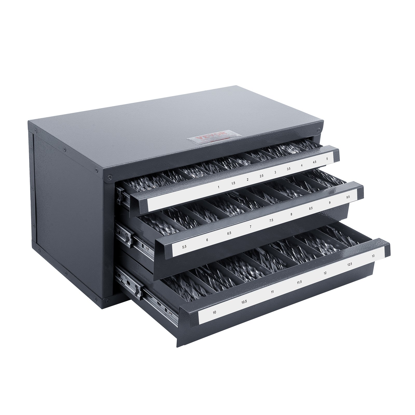 three-drawer VEVOR drill bit organizer with labeled slots for precise bit storage.