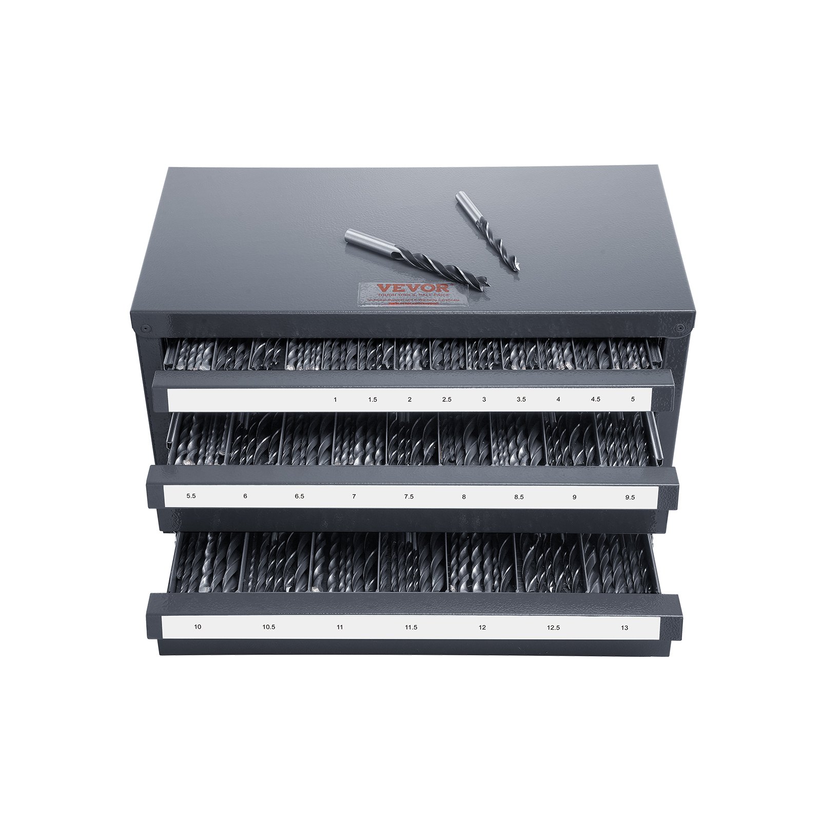 VEVOR drill bit organizer with three drawers and labeled compartments for various drill bit sizes.