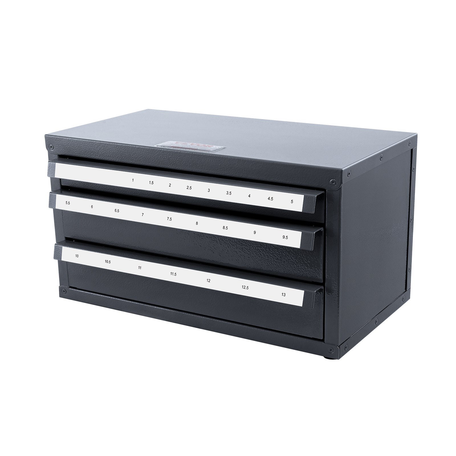 black VEVOR drill bit organizer with three labeled drawers for varying drill bit sizes.