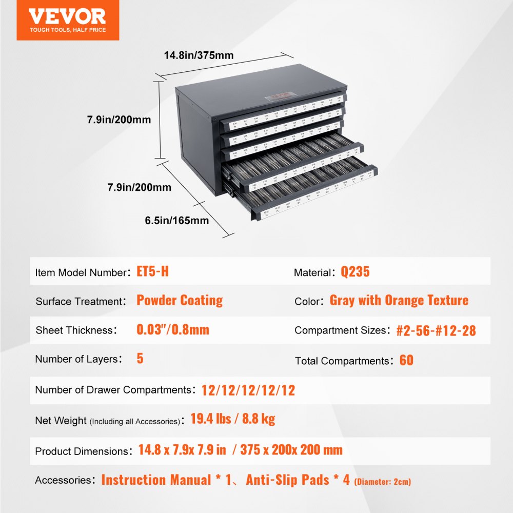 VEVOR Tap Dispenser Cabinet, Five-Drawer Tap Organizer Cabinet for #2-56-#12-28 Steel Tap Dispenser Organizer Cabinet with Labels, 60-Compartment Stackable Tap Cabinet for Tap Storage