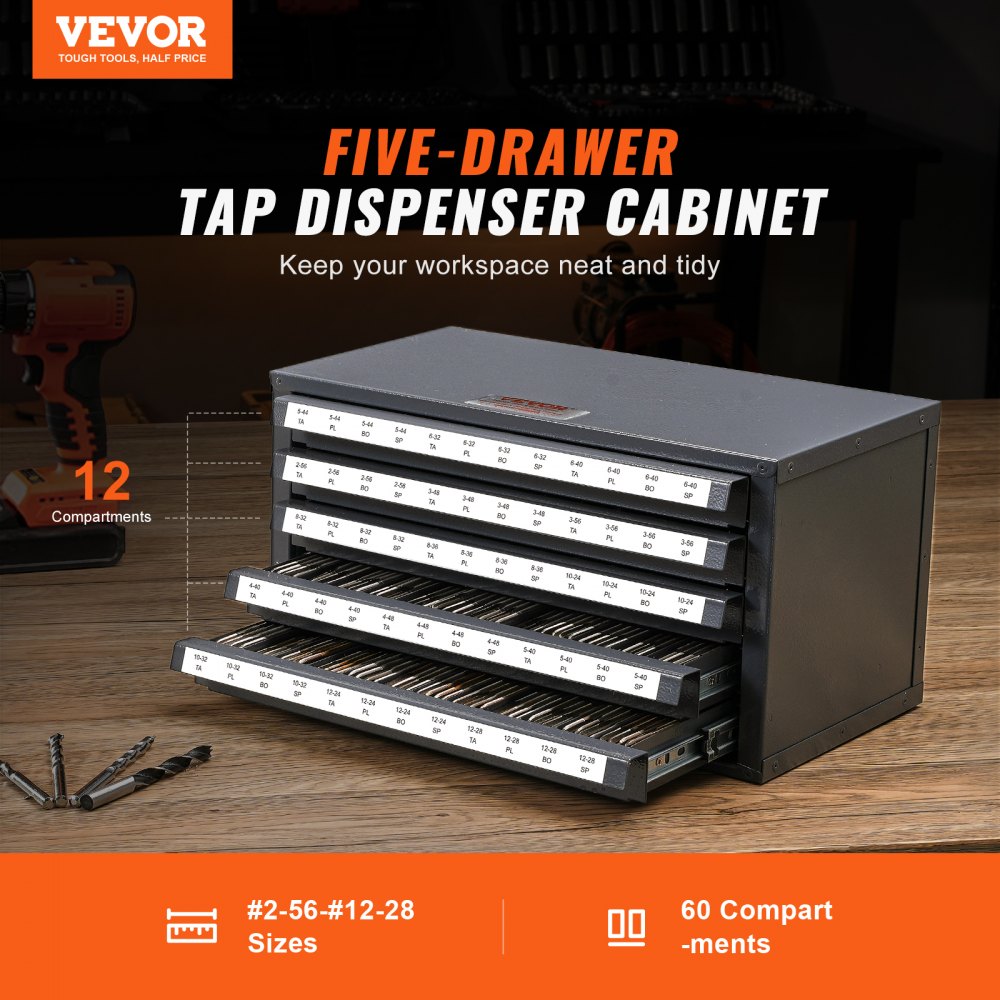 VEVOR Tap Dispenser Cabinet, Five-Drawer Tap Organizer Cabinet for #2-56-#12-28 Steel Tap Dispenser Organizer Cabinet with Labels, 60-Compartment Stackable Tap Cabinet for Tap Storage
