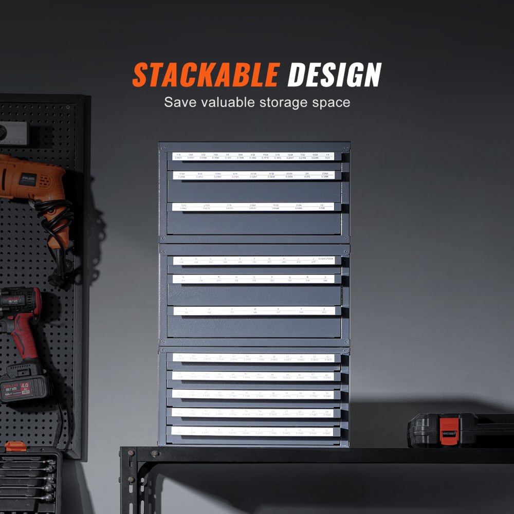 stackable VEVOR drill bit organizer with multiple drawers, saving storage space in a workshop.