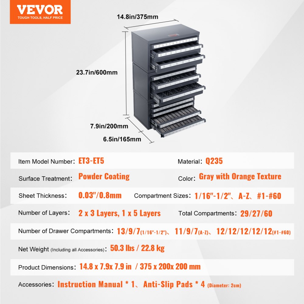 VEVOR drill bit organizer, gray with orange details, dimensions 375x200x600mm, multi-layered.