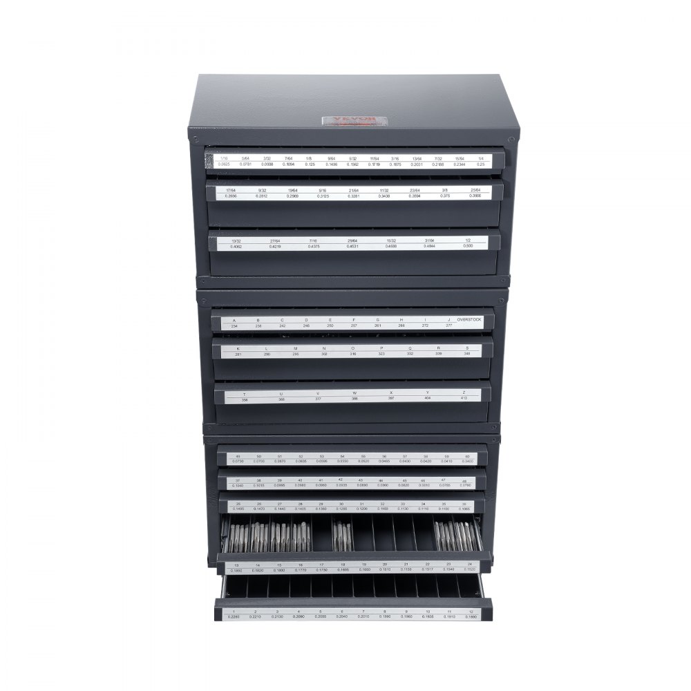 VEVOR drill bit organizer, metal cabinet with multiple labeled drawers for drill bit storage.