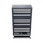 VEVOR drill bit organizer, metal cabinet with multiple labeled drawers for drill bit storage.