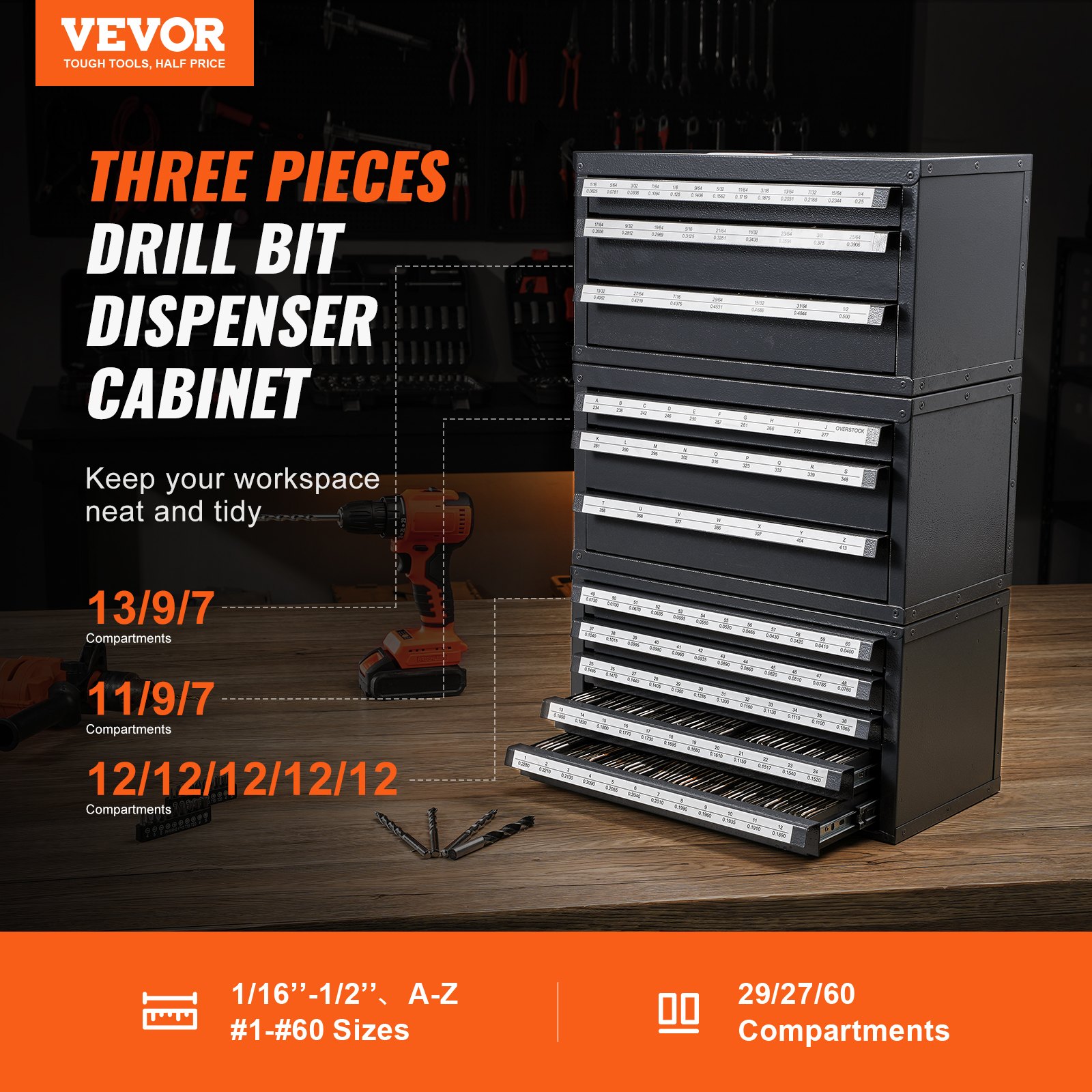 VEVOR drill bit organizer: 3-piece cabinet, black, labeled drawers, workspace with tools, various compartments.