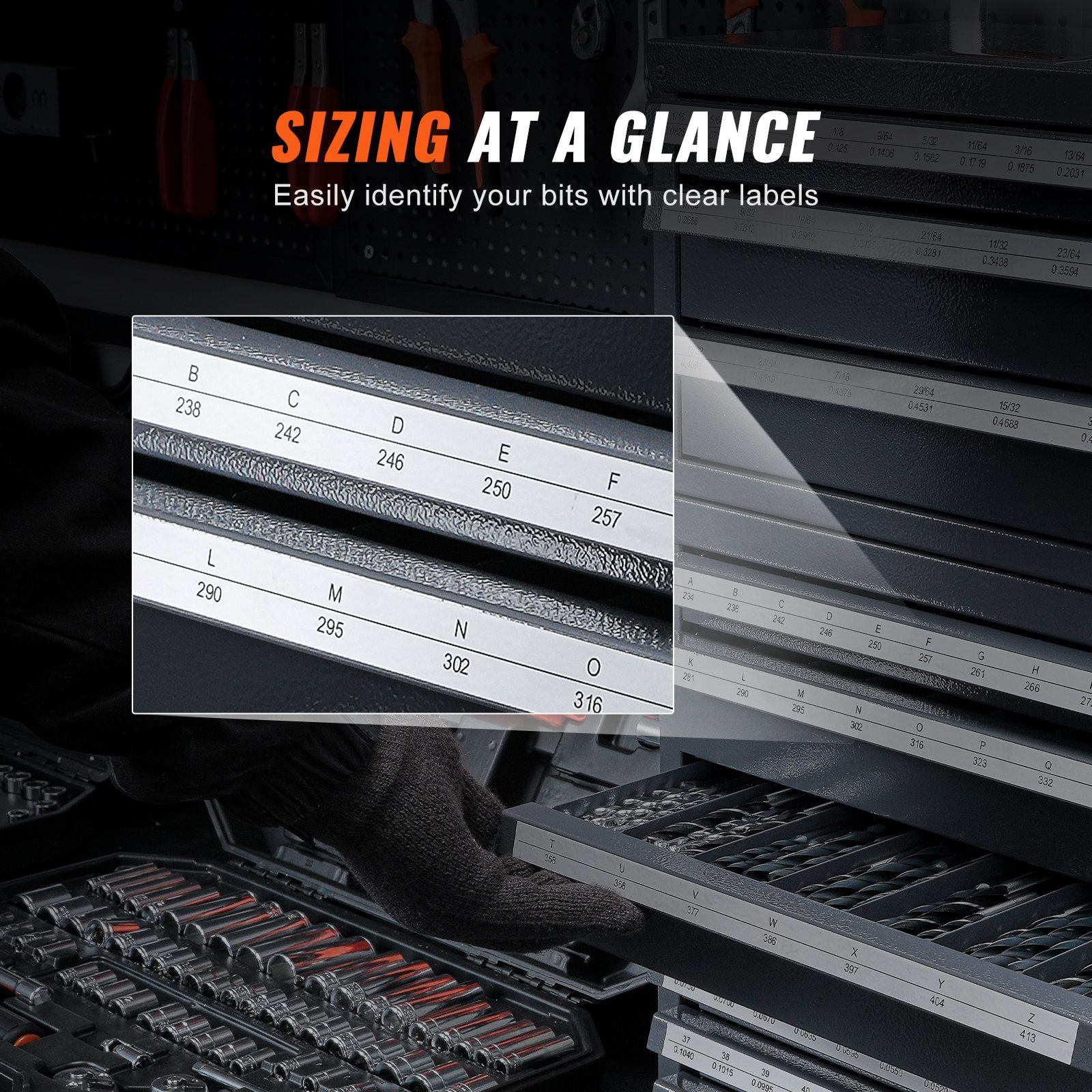VEVOR drill bit organizer with clear labels for easy identification and organized storage.