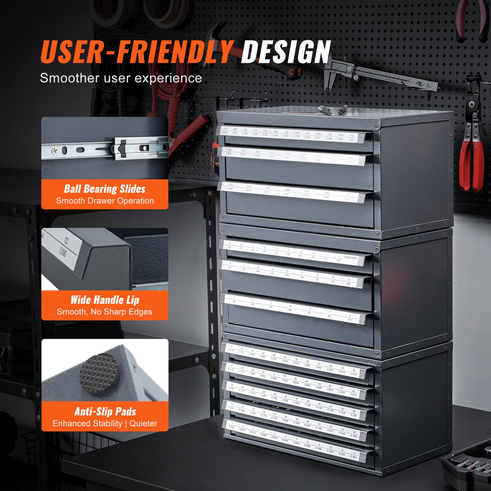 VEVOR drill bit organizer in a workshop, showing ball bearing slides, wide handle lip, and anti-slip pads