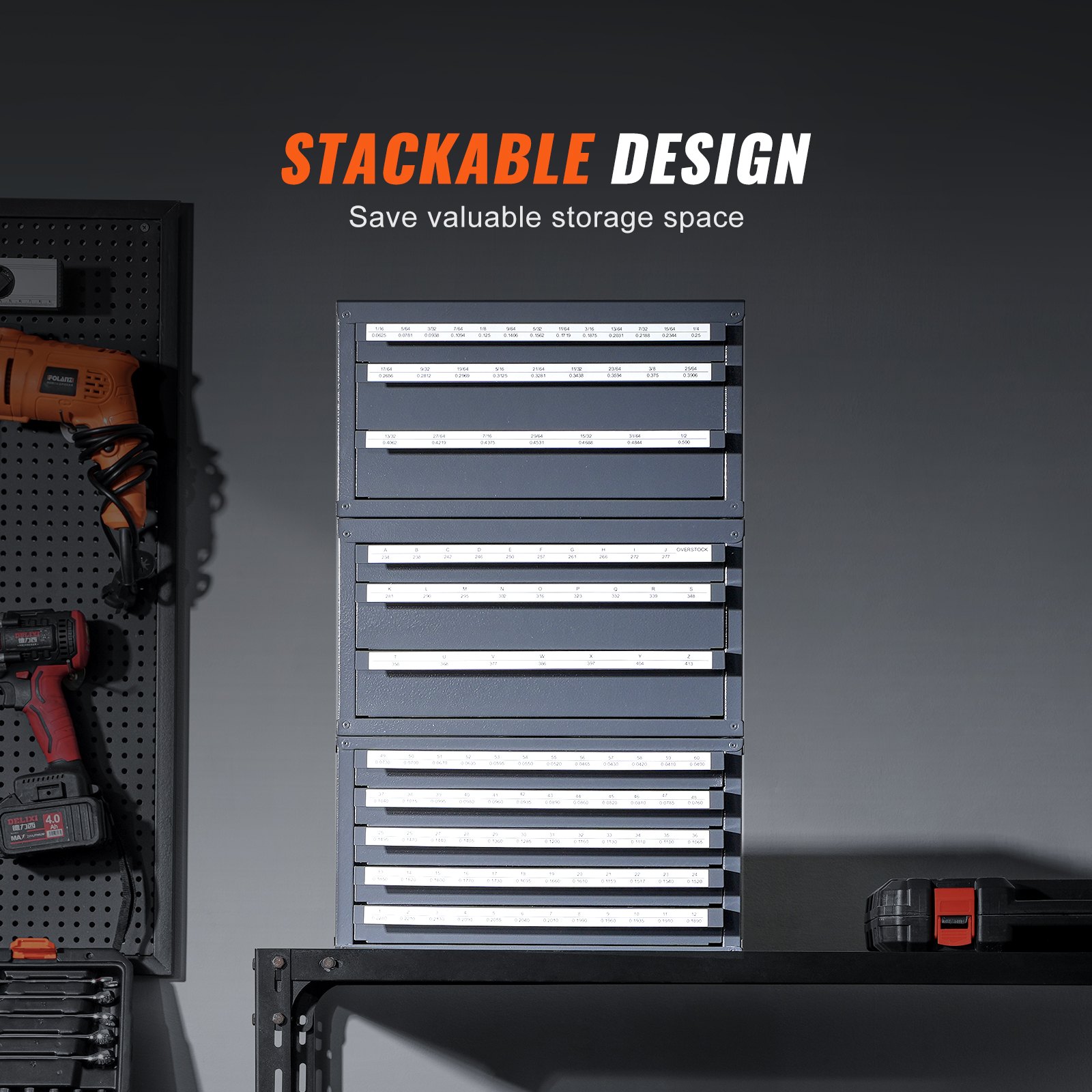stackable VEVOR drill bit organizer with multiple drawers, saving storage space in a workshop.