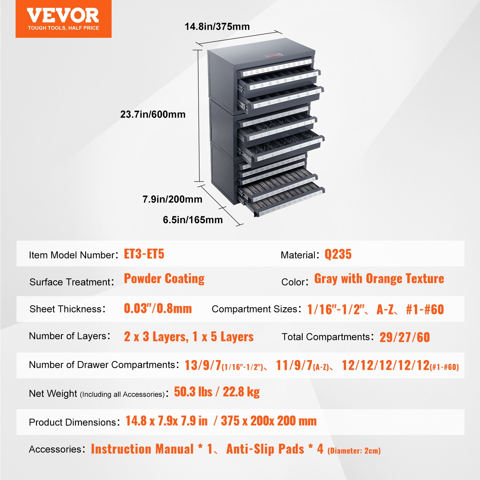 VEVOR drill bit organizer, gray with orange details, dimensions 375x200x600mm, multi-layered.
