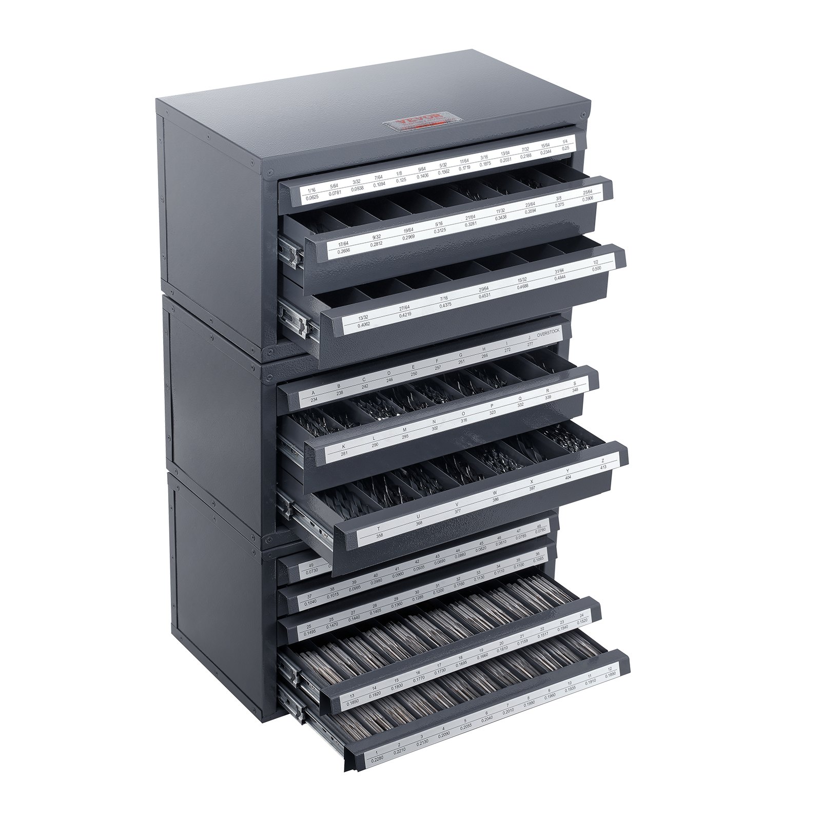 VEVOR drill bit organizer with multiple labeled drawers for orderly storage of drill bits.
