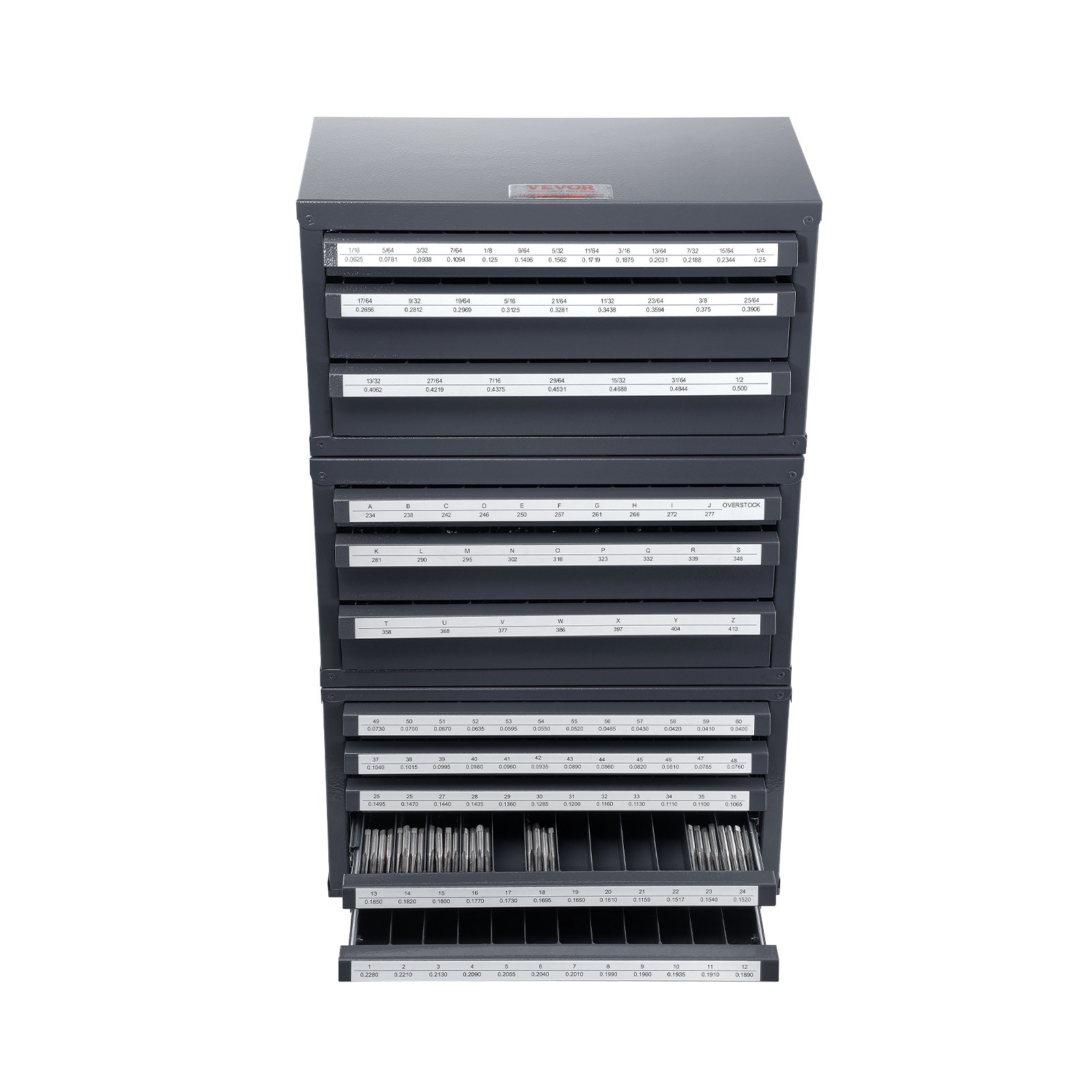 VEVOR drill bit organizer, metal cabinet with multiple labeled drawers for drill bit storage.